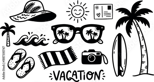 Hand drawn doodle beach icon set flat lay with sunglasses reflecting palms surfboard flipflops sun hat camera postcard towel waves