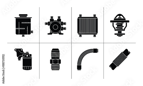 Automotive cooling system parts and components icons black vector on transparent grid