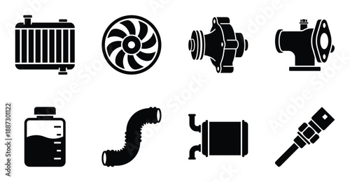 Automotive cooling system vector icon set with radiator, fan, water pump, and hoses