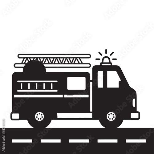 Fire truck on a city street depicted in a bold black and white illustration, emergency vehicle in motion.