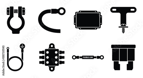 Automotive electrical components icons for car wiring system, battery and fuse link