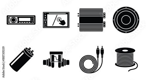 Car audio system components and electronic parts icon set for car entertainment and sound systems