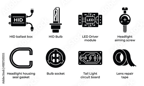 Car headlight and lighting system components icons for automotive repair and replacement