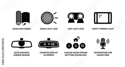 Car interior accessories icons with labels black vector on transparent background