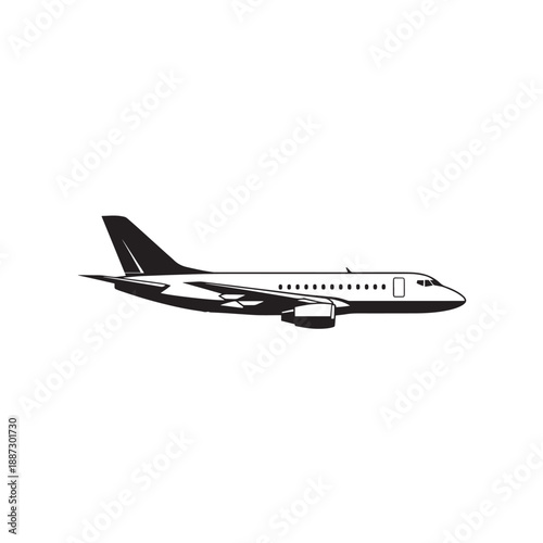 Small white passenger jet with dark tail depicted in isolation against a white background.