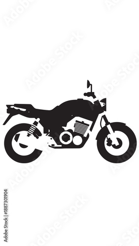 Silhouette of a motorcycle against a white background, lone two-wheeler in bold black graphic.