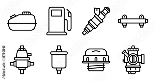 Fuel system components icons set including tank gas station pump injector carburetor and fuel filter