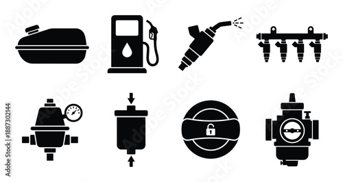Set of automotive fuel system components including fuel tank, pump, injectors, and filter