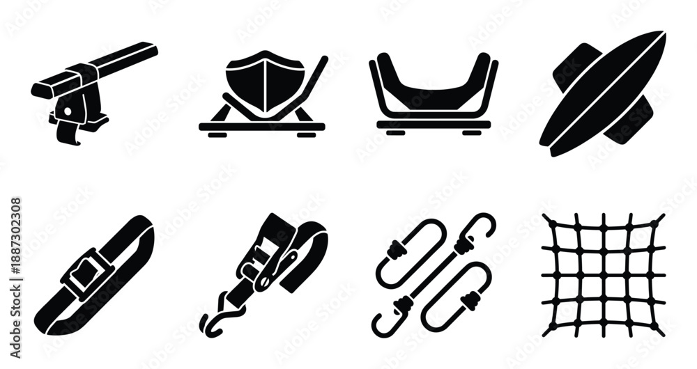 Obraz premium Set of black icon car accessories and parts on transparent background for travel sport activity