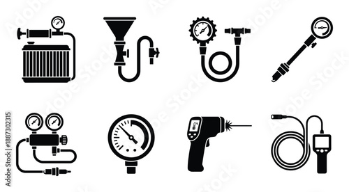 Set of black icon automotive diagnostic and maintenance tools on transparent background for repair