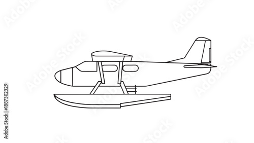 Minimal Line Drawing of a Seaplane Floating on Water, Simple Aviation Illustration.