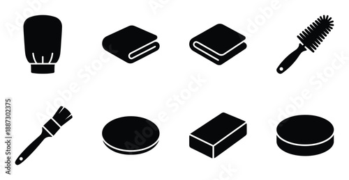 Set of black icon cleaning and hygiene products on transparent background for everyday use