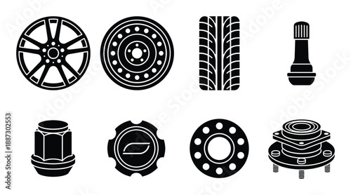 Set of black silhouettes of car wheels tires and related components