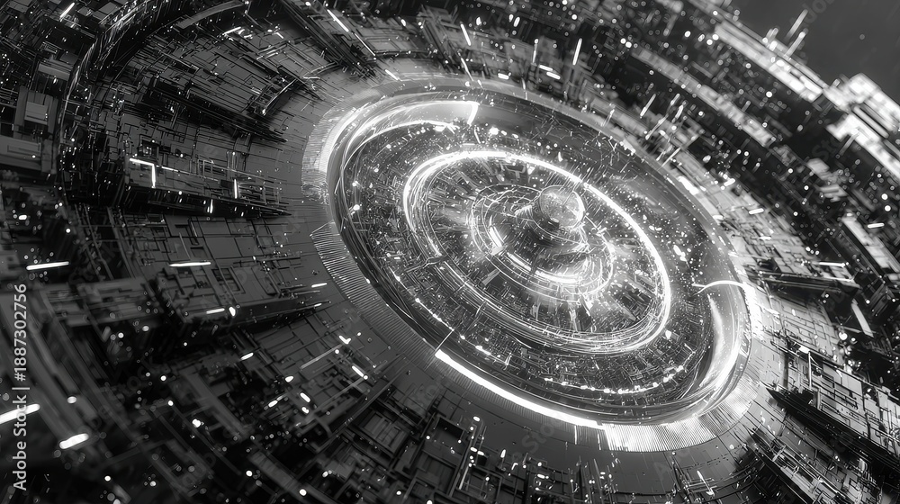 Fototapeta premium Intelligent data core inside geometric shell, modern sci-fi illustration, monochrome with neon edge, high detail 3D render.