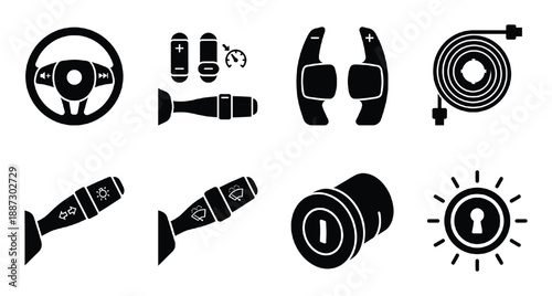 Set of car parts including steering wheel paddles auto shifter and various accessories
