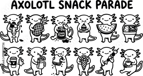 Whimsical kids doodle row of smiling axolotls eating varied snacks close up cute characters holding fruit drinks and jam jars illustration