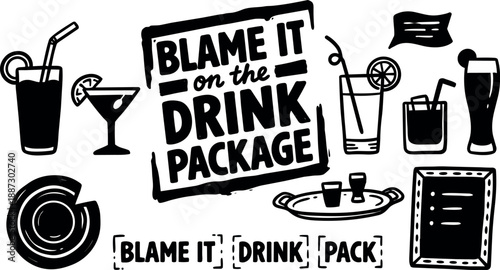 Hand drawn stamp style top view drink package lettering with assorted cocktail icons tray chalkboard sliced citrus glass