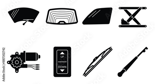 Set of car parts vector illustration. window wiper, car window, car jack and power window switch