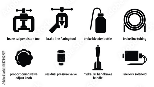 Set of eight brake system tools and components including caliper tool, flaring tool, and valves