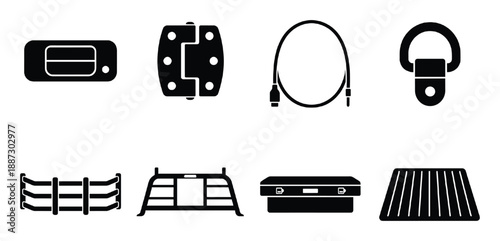 Set of various vehicle parts including a car tailgate latch and other accessories