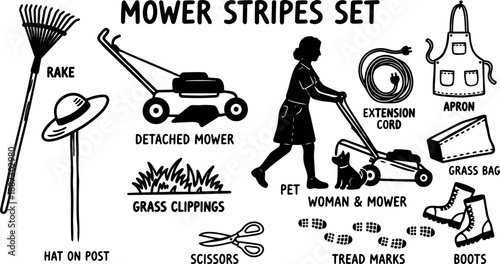Hand drawn line art mower stripes set showing woman pushing mower and pet with detached mower tools boots black white