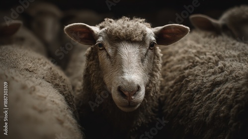 sheep calm pose, natural textures, ethical farming ad