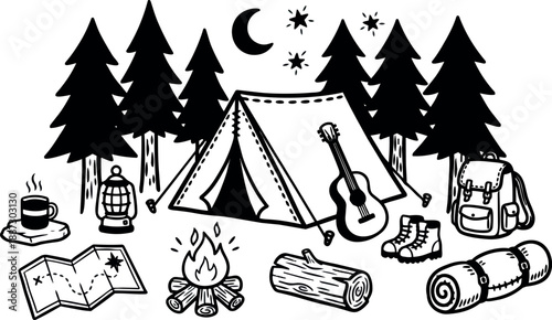 Line art detailed camping scene with tent and guitar beside campfire, map and backpack under pine trees at moonlit night