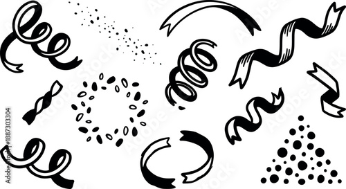 Ink brush hand drawn festive streamers and confetti close up vector elements on white background with bold black contrast isolated decorative