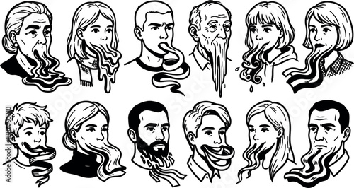 Tattoo flash set of expressive portrait heads vomiting ribbon liquid in black and white ink line art composition multiple expressions