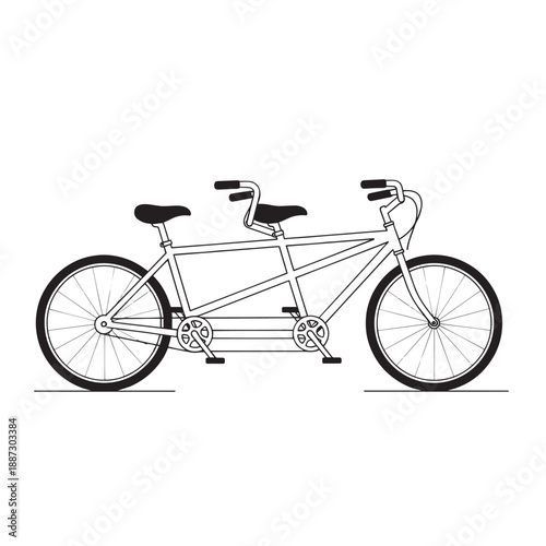 Line drawing of a tandem bicycle with two seats and two sets of pedals.