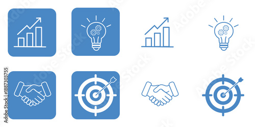 Business strategy and success icon set featuring growth charts, creative ideas, handshake, and target symbols in blue and white flat line style, transparent background 