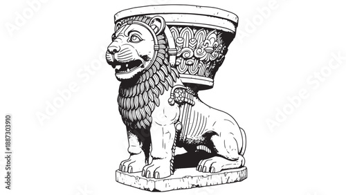 Ancient stone guardian lion statue carrying an ornate jar on its back.