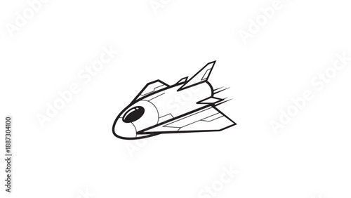 Minimalist Black and White Sketch of a Rocket Spaceship in Flight.
