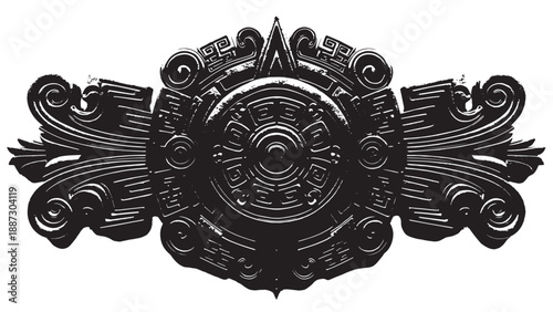 Elaborate black ornamental belt buckle with intricate tribal patterns and symmetrical scrollwork.