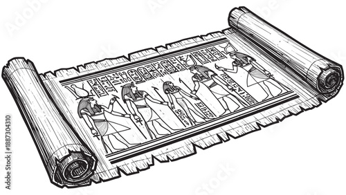Ancient scroll illustration showing a historical group on parchment with figures and ceremonial overtones.