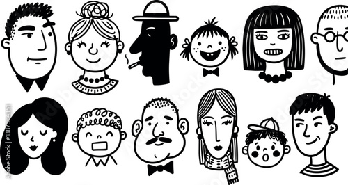 Whimsical kids doodle line art collage of diverse hand drawn faces close up with varied expressions black and white ink playful