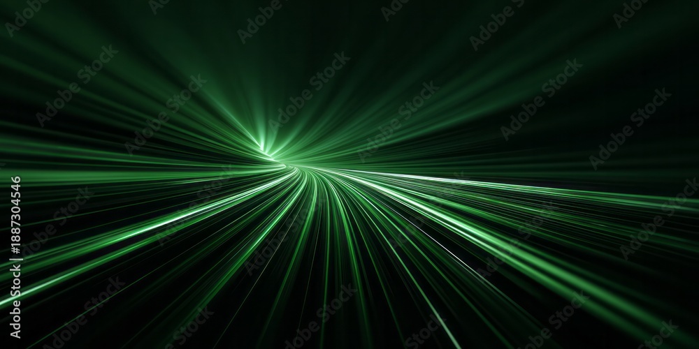 Fototapeta premium Bright green streaks of light accelerate through a dark tunnel.