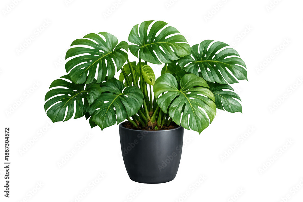 Fototapeta premium Large monstera deliciosa houseplant with green leaves and a black pot, ideal for interior design, transparent background