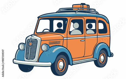 Retro Orange Minibus with Roof Rack and Passengers