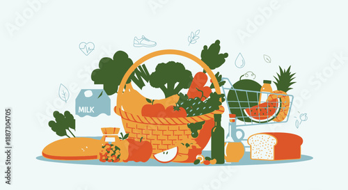 Fresh Fruits and Vegetables in Basket.