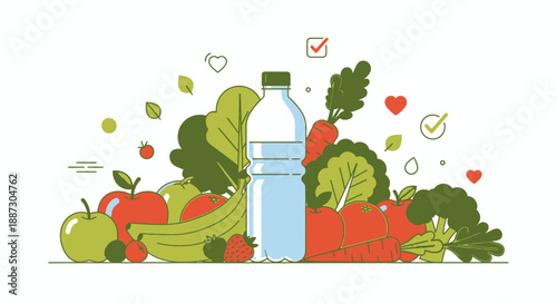 Healthy Eating Illustration with Fresh Produce and Bottle.