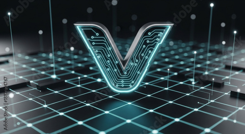 V Alphabet Monogram with Glowing Cyan Circuit Lines and 3D Digital Grid