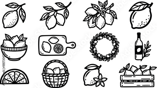 Line art lemon icon set showing lemons in bowl basket crate cutting board wreath bottle slice hand drawn black ink