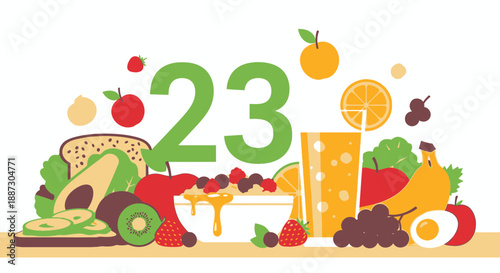 Healthy Food and Drinks Illustration with Numbers.