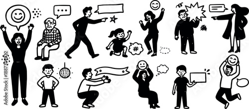 Whimsical kids doodle montage of diverse characters expressing emotions with speech bubbles and gestures in black line art playful minimal
