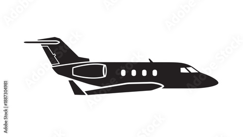 Black silhouette private jet in flight, sleek small aircraft profile.
