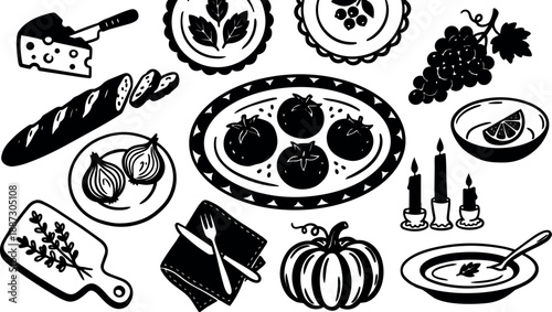 Linocut style overhead composition of rustic food icons showing tomatoes on platter, sliced baguette, pumpkin, cheese, candles, and onions
