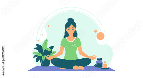 Woman Meditating in Lotus Position with Plant.