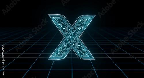 X Alphabet Monogram with Glowing Cyan Circuit Lines and 3D Digital Grid