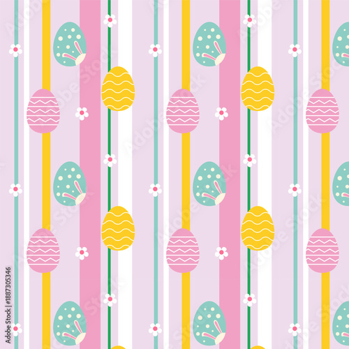 Adorable easter seamless pattern with colorful eggs, stripes, bunny and flowers.Vector graphic illustration background.